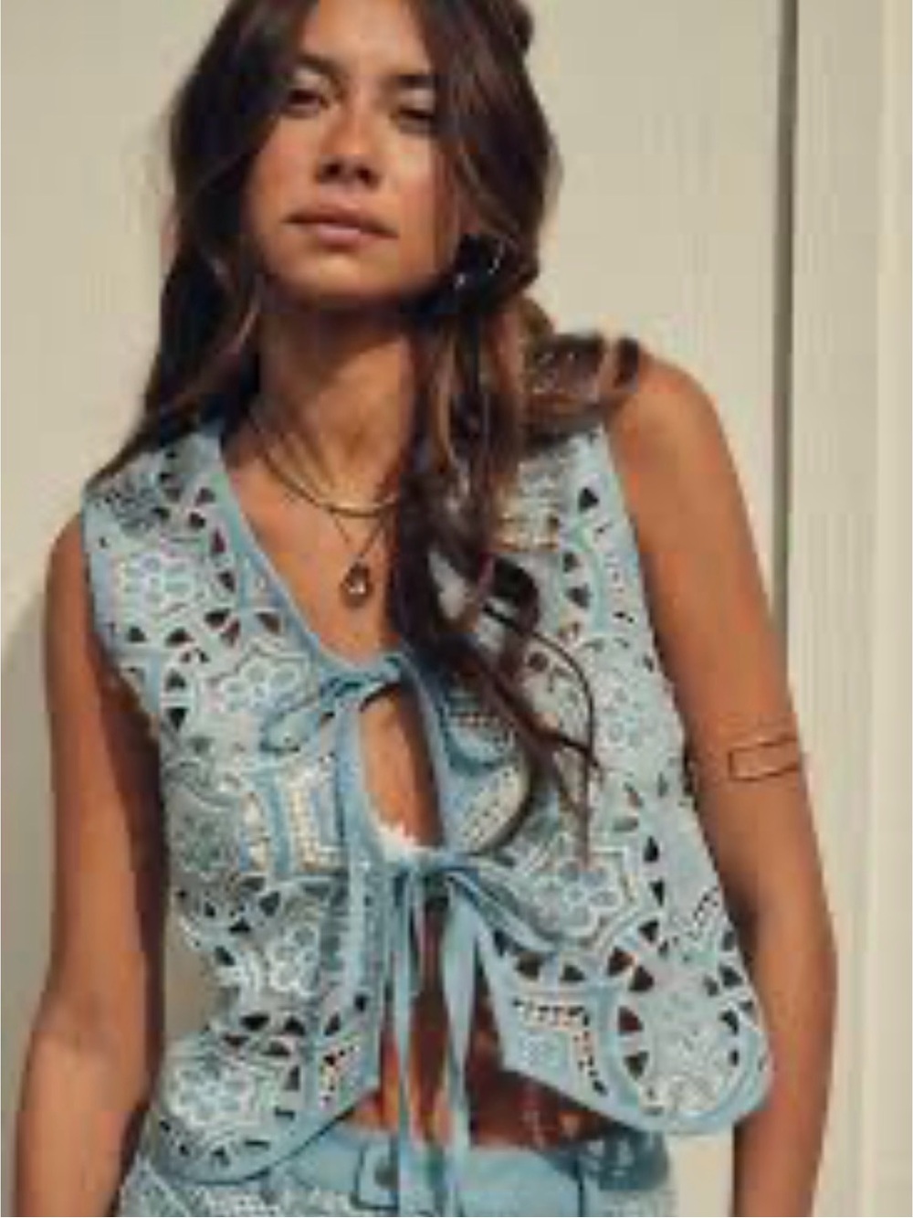 Promesa Light Blue Crochet Tie-Front Camisole